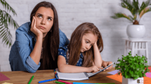 Mom and Daughter struggling with homeschool work